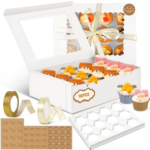 POWZOO Pack of 16 Cupcake Boxes,cupcake muffin box with window(25 * 32.5 * 9cm),Paper Boxes for Pastries,with Rope and Stickers,Ideal for Cake Decorating and Cupcake Transport Box.(White,12 Holes) von POWZOO