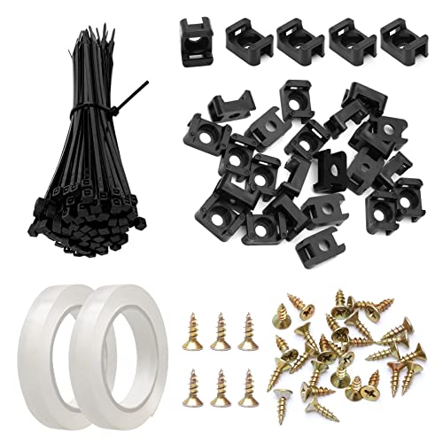 100 schwarze Kabelbinder-Halterungen und Mini-Kabelbinder aus Nylon, 10 cm, mit 2 doppelseitigem Klebeband und 100 Schrauben-Set, Kabelmanagement-Organizer-Set für Kabelmanagement zu Hause von POXIAOER