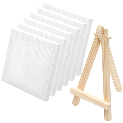6 Mini-Leinwände mit 1 Mini-Staffelei, 10 x 10 cm, kleine Leinwände zum Malen, Blanko-Leinwände für Acryl-, Ölmalerei und Dekorieren, Kunstleinwände für Künstler zum Bemalen von POXIAOER