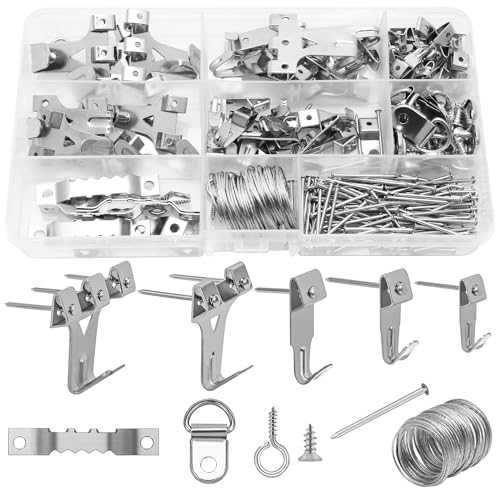 Bilderhaken, 220-teiliges Set zum Aufhängen von Bildern, Eisen, Metall, robuste Bilderaufhänger, Holzwand, Gipskarton, Fotorahmen-Haken-Set mit Nägeln, D-Ringen, Sägezahn-Bilderaufhänger von POXIAOER