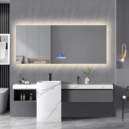POYHKFD LED-Badezimmerspiegel mit Bluetooth, 140 x 60 cm, Badezimmerspiegel mit Beleuchtung mit Farbdimmer, beschlagfrei, LED-Spiegel mit Temperaturanzeige (Premium-Modell, 140 x 60 cm) von POYHKFD