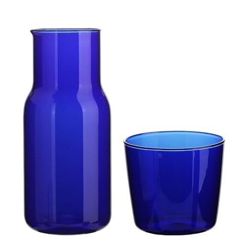 POYHKFD Nachttisch-Wasserkaraffe und Glas-Set, Wasserglaskrug mit Tassen-Set, Glaskrug, Glastasse, Kaltwasserkessel für Schlafzimmer, Teekrug, Milchkrug, Nachttisch-Nachtkaraffe, Krug für(Blau) von POYHKFD