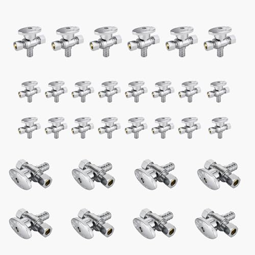 Eck-Absperrventil mit zwei Ausgängen, 1/2" FIP-Einlass x 3/8" Kompressionsauslässe – Absperrventil aus Messing und Chrom(30pack PEX Crimp) von POYSCFLQB