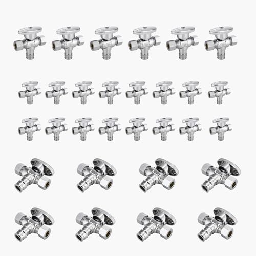 Eck-Absperrventil mit zwei Ausgängen, 1/2" FIP-Einlass x 3/8" Kompressionsauslässe – Absperrventil aus Messing und Chrom(30pack PEX Expansion) von POYSCFLQB