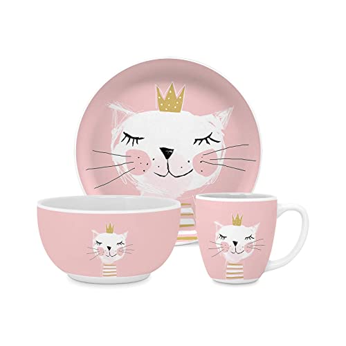 PPD Paperproducts Design Kindergeschirr Set 3-teilig, Teller ø 21 cm / Schüssel ø 12 cm / Tasse 250 ml, Kids-Set aus New Bone China, Motiv: Happy Cat von PPD