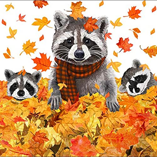 20 Servietten Waschbären spielen im Herbst | Tiere | Herbstlaub | Herbstblätter | Winter | Tischdeko | Decoupage | Serviettentechnik 33x33cm von PPD