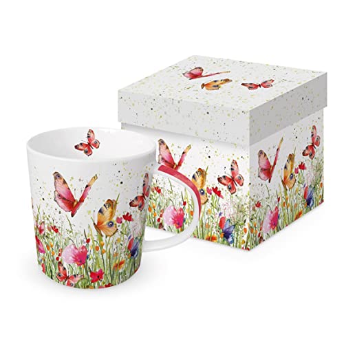 Kaffeebecher Blumenfeld mit Geschenkbox, Tasse Blumen, Schmetterlinge, Mohnblumen Sommer von PPD