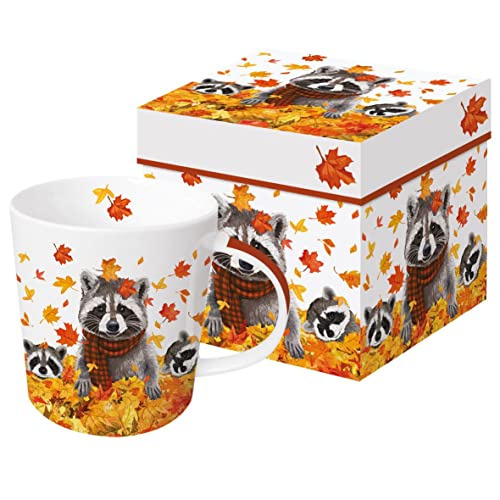 Kaffeebecher Waschbär mit Geschenkbox, Tasse Herbst Blätter Geschenkidee Geschenkset von PPD