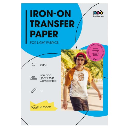 PPD 5 x A4 Inkjet Premium Transferpapier für helles Textil, Bügeleisen und Transferpresse PPD-1-5 von PPD