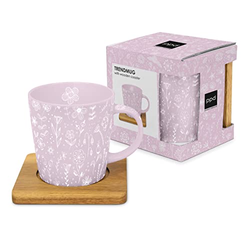 PPD Kaffeetasse Flower Flower Rose 400ml Untersetzer Blumenmotiv Porzellantasse New Bone China Porzellan Kaffee-Tasse Henkeltasse Teetasse Grün Henkel-Tasse Tee-Tasse Blumenmuster Holzuntersetzer von PPD