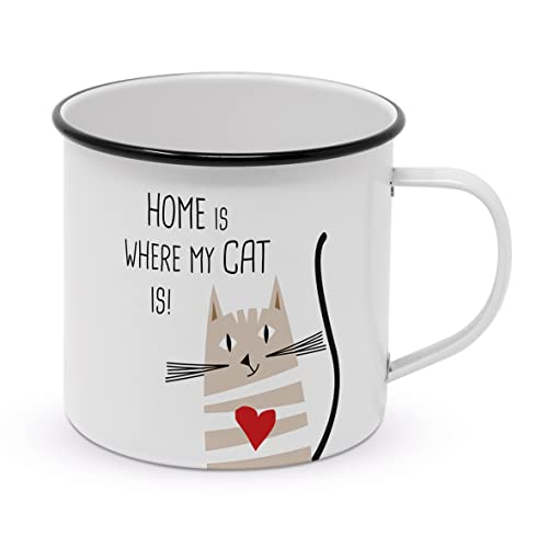PPD Kaffeetasse Home Cat Happy 450ml Teetasse Emaille Kaffeebecher Cappuccinotasse Emaille-Tasse Kaffee-Tasse Tee-Tasse Henkeltasse Cappuccino-Tasse Henkel-Tasse von PPD