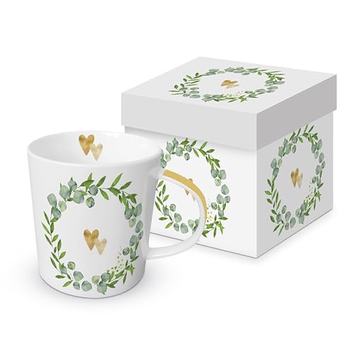 PPD Tasse Hochzeit & Liebe Goldene Herzen im Kranz aus Porzellan im passenden Geschenkkarton. Motivtasse für den gedeckten Tisch und als Geschenk 0,4L x H9.7cm von PPD