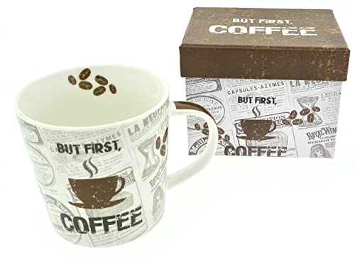Porzellan-Tasse in Geschenk-Verpackung, But First Coffee, braun creme, Kaffee-Tasse Kaffee-Becher Geschenk-Box von PPD