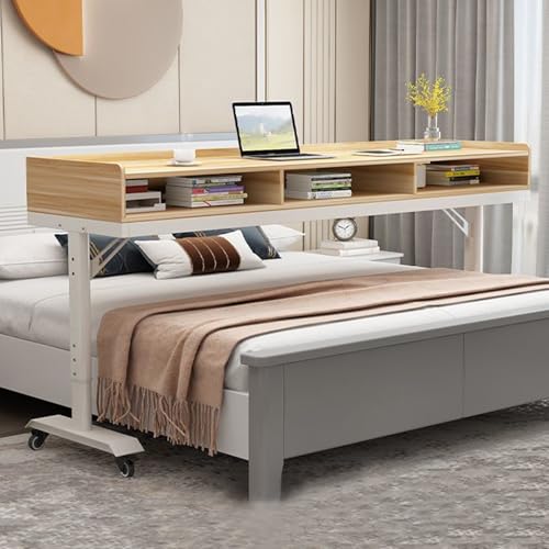 Mobilitätstisch über dem Bett, Mobiler Schreibtisch, Schreibtisch Computertisch auf Rollen fürs Bett, Betttisch Laptop Pflegetisch, BüRotisch, Tisch auf Rollen(Size:180x40x68cm,Color:Holzfarbe) von PPGE Home