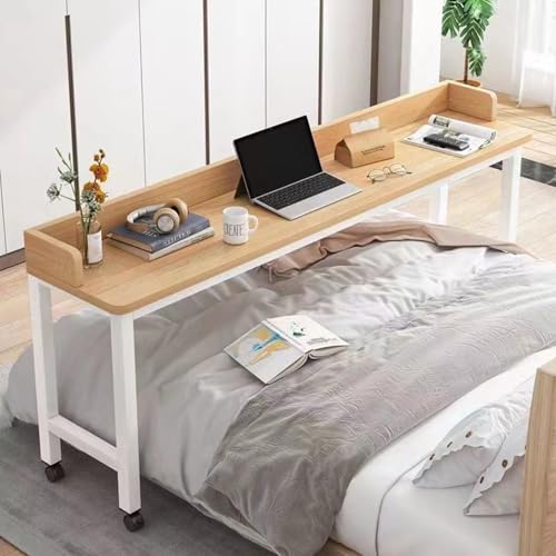 Schreibtisch mit Rollen, Mobiler Nachttisch mit Rollen, Betttisch Laptop Pflegetisch Mobiler Schreibtisch Computertisch auf Rollen fürs Bett(Size:140×40×88cm,Color:Holz) von PPGE Home