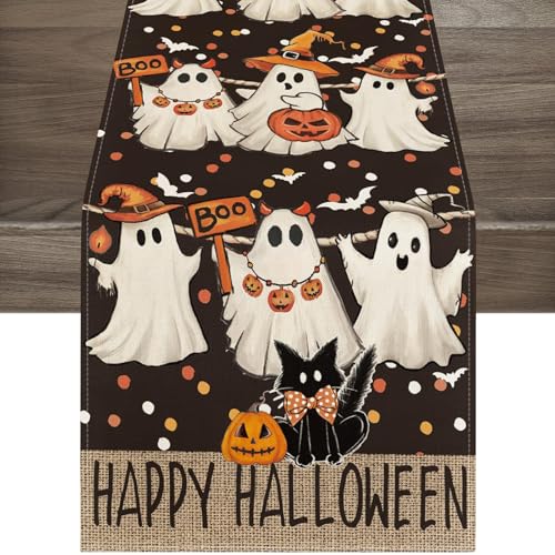 Geist Kürbisse Halloween Tischläufer,tischläufer Halloween tischdeko,Halloween Deko Tischwäsche,für Halloween Tischdekoration, Saisonale Herbst Tischdekoration für Home Party Abendessen 33x183cm (A) von PPGGOPP