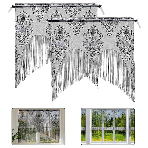 Halloween Spitze Schädel Fenstervorhang,2 Stück Spitze Halloween Deko Vorhang,Halloween Türvorhang Quaste Türvorhang für Wohnzimmer Schlafzimmer Wand Fenster Kamin Abdeckung Gruselig Party Deko von PPGGOPP
