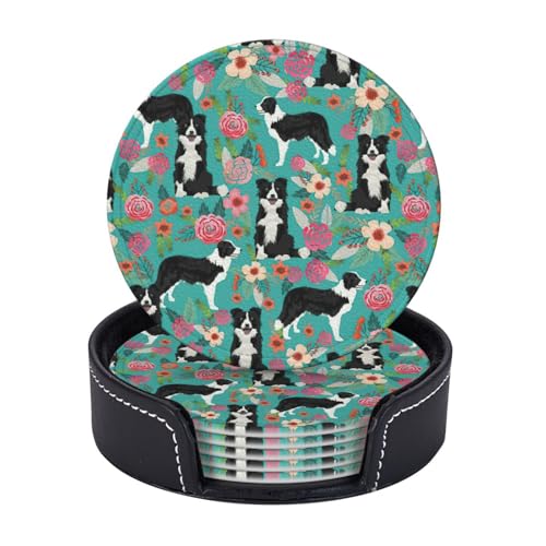 Border Collie Untersetzer mit Blumenmuster, leicht, tragbar, für Couchtisch, Esszimmer, Büro, Restaurant, Dekoration, 6 Stück von PPHGUT
