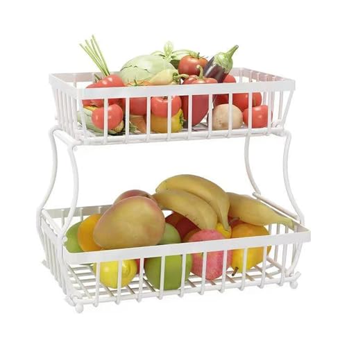 PPQIRU 2-stufiger Obstkorb for die Küche, Gemüse-Brotkorb, Obstschale, Aufbewahrungsständer, abnehmbarer rechteckiger Metallkorb(White) von PPQIRU