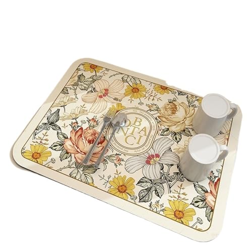 PPQIRU Kaffeemaschine Abtropfmatte 2 stücke Große Küche Saugfähigen Matte Kaffee Gericht Abtropfmatte Trocknen Schnell Trocken Bad Ablauf Pad Wasserhahn Tischset(Yellow Flowers,40x50cm) von PPQIRU