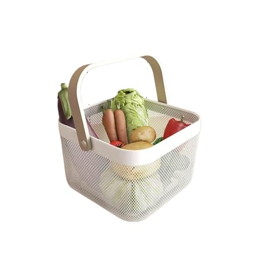 PPQIRU Metallgeflechtkorb, tragbarer Wasser-Obstkorb, Holzgriff, Küche, Badezimmer, Obst- und Gemüsekörbe, verschiedene Artikel-Gadget(White) von PPQIRU