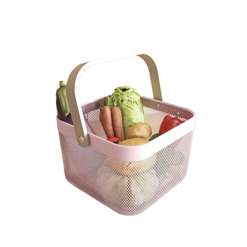 PPQIRU Outdoor-Aufbewahrungskorb, tragbar, for Camping, Obst und Getränke, for Organisieren von Skep mit Holzgriff, Metall-Küchenentwässerungsbehältern(Pink) von PPQIRU
