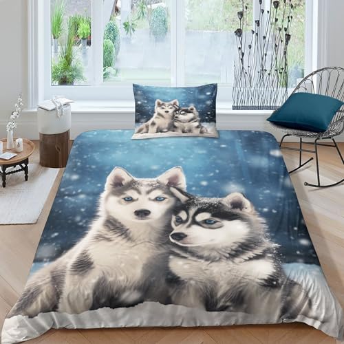Husky Pups 3D Print Bettwäsche Set 2 teilig Mit Reißverschluss Weiche Und Angenehme Schlafkomfort Microfaser Pet Theme Bettbezug Kinder Mit Kissenbezug Single（135x200cm） von PPSOAP