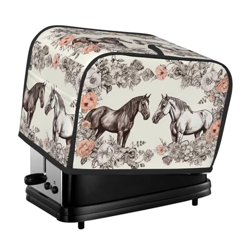 2 Scheiben Toaster-Abdeckung mit Taschen und Griff oben, kleine Brotbackmaschinen-Abdeckungen, Blumen und Pferde, handgezeichnete Küche, kleine Geräte, waschbar, universelle Ofenabdeckungen von PPTHSNVB