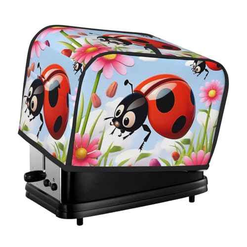 2 Scheiben Toaster-Abdeckung mit Taschen und Griff oben, kleine Brotbackmaschinen-Abdeckungen, Cartoon-Marienkäfer-Blume, Küche, kleine Geräte, waschbar, universelle Ofenabdeckungen von PPTHSNVB