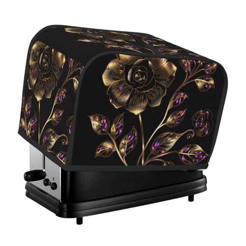 2 Scheiben Toaster-Abdeckung mit Taschen und Griff oben, kleine Brotbackmaschinen-Abdeckungen, schwarz und goldfarben, Blumen, Küche, kleine Geräte, waschbar, universelle Ofenabdeckungen von PPTHSNVB