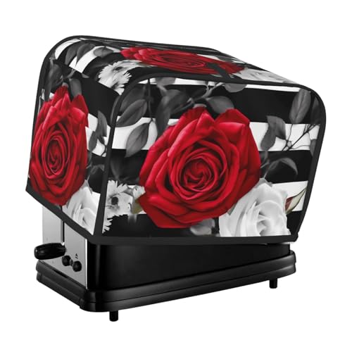 2 Scheiben Toaster-Abdeckung mit Taschen und Griff oben, kleine Brotbackmaschinen-Abdeckungen, schwarz-weiße Streifen, rote Rose, Blumen, Küche, kleine Geräte, waschbar, universelle Ofenabdeckungen von PPTHSNVB