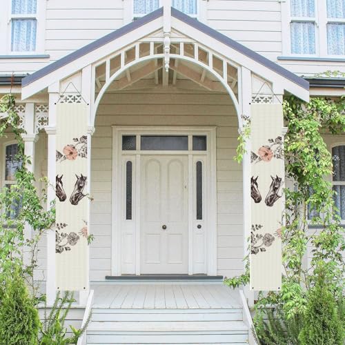 2 Stück Frühling Sommer Willkommen Veranda Banner Hängende Flagge Veranda Schild für Haustür Wand Veranda Banner Blumen und Pferde handgezeichnete Willkommenstür hängende Banner Wand Hintergrund von PPTHSNVB