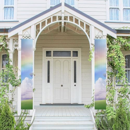 2 Stück Frühling Sommer Willkommen Veranda Banner Hängende Flagge Veranda Schild für Haustür Wand Veranda Banner Dreamy Regenbogen Willkommen Tür Hängende Banner Wand Hintergrund Urlaub Dekoration von PPTHSNVB