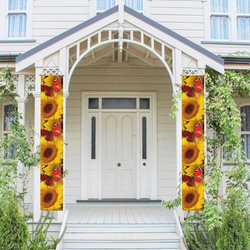 2 Stück Frühling Sommer Willkommen Veranda Banner Hängende Flagge Veranda Schild für Haustür Wand Veranda Banner Gelbe Sonnenblumen mit rotem Schmetterling Willkommen Tür Hängende Banner Wand von PPTHSNVB