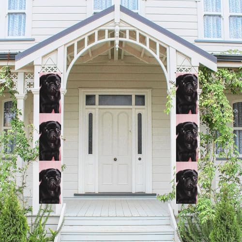 2 Stück Frühling Sommer Willkommen Veranda Banner Hängende Flagge Veranda Schild für Haustür Wand Veranda Banner Niedlich Schwarz Mops Willkommen Tür Hängende Banner Wand Hintergrund Urlaub Dekoration von PPTHSNVB