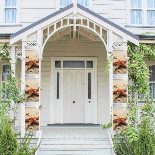 2 Stück Frühling Sommer Willkommen Veranda Banner Hängende Flagge Veranda Schild für Haustür Wand Veranda Banner Seestern am Sand Strand Landschaft Willkommen Tür Hängende Banner Wand Hintergrund von PPTHSNVB