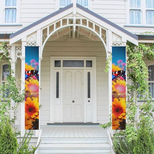 2 Stück Frühling Sommer Willkommen Veranda Banner hängende Flagge Veranda Schild für Haustür Wand Veranda Banner Bunte Schmetterling Blume Willkommen Tür hängende Banner Wand Hintergrund Urlaub von PPTHSNVB