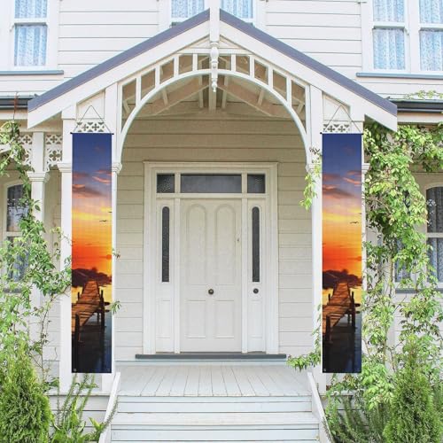 2 Stück Frühling Sommer Willkommen Veranda Banner hängende Flagge Veranda Schild für Haustür Wand Veranda Banner Sonnenuntergang Landschaft Willkommen Tür hängende Banner Wand Hintergrund Urlaub von PPTHSNVB
