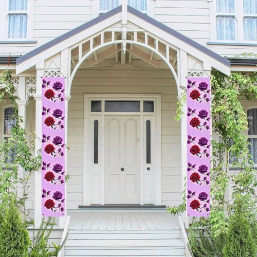 2 Stück Frühling Sommer Willkommen Veranda Banner hängende Flagge Veranda Schild für Haustür Wand Veranda Banner rote und lila Rosen Willkommen Tür hängende Banner Wand Hintergrund Urlaub Dekoration von PPTHSNVB
