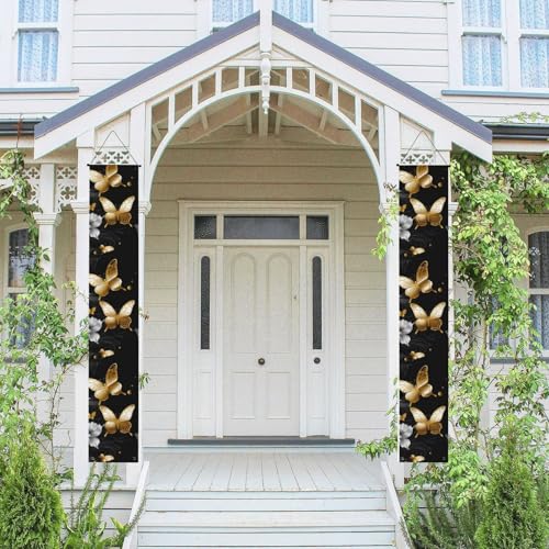 2 Stück Frühling-Sommer-Willkommensbanner zum Aufhängen, Flagge, Veranda-Schild für Haustür, Wand, Veranda, Banner, goldfarben, weiße Schmetterlinge, schwarz, Willkommens-Tür-Banner, Wandhintergrund 2 Stück Frühling-Sommer-Willkommensbanner zum Aufhängen, Flagge, Veranda-Schild für Haustür, Wand, Veranda, Banner, goldfarben, weiße Schmetterlinge, schwarz, Willkommens-Tür-Banner, Wandhintergrund von PPTHSNVB