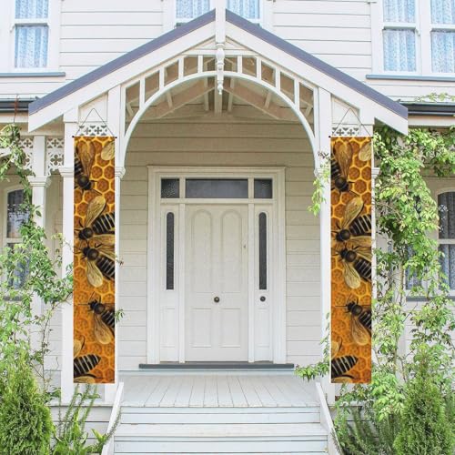 2 Stück Frühlings- und Sommer-Willkommensbanner zum Aufhängen, Flagge, Veranda-Schild für Haustür, Wand, Veranda, Banner, Bienen auf Bienenstock, Willkommens-Tür-Banner, Wandhintergrund von PPTHSNVB