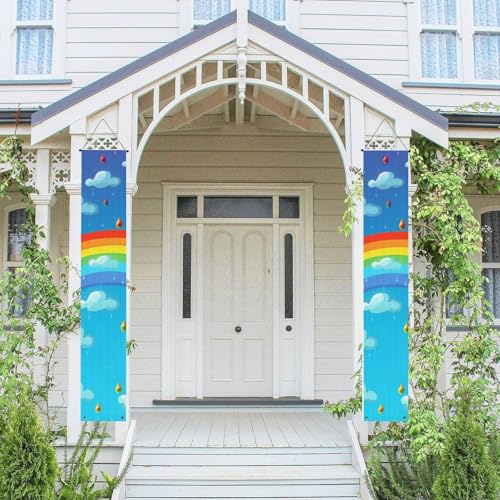 2 Stück Frühlings- und Sommer-Willkommensbanner zum Aufhängen, Flagge, Veranda-Schild für Haustür, Wand, Veranda, Banner, Regenbogen, Wolken, Regentropfen, Willkommensbanner, Wandhintergrund von PPTHSNVB