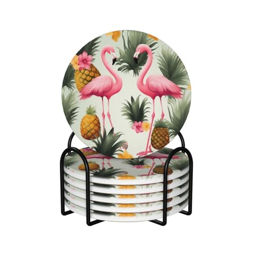 Getränkeuntersetzer mit Halter, lustige Tassenmatte, Flamingos und Ananas, Keramik-Untersetzer für Getränke, saugfähig, für Bar, Bier, Getränke, Untersetzer-Set für Tischschutz, 6 Stück Getränkeuntersetzer mit Halter, lustige Tassenmatte, Flamingos und Ananas, Keramik-Untersetzer für Getränke, saugfähig, für Bar, Bier, Getränke, Untersetzer-Set für Tischschutz, 6 Stück von PPTHSNVB