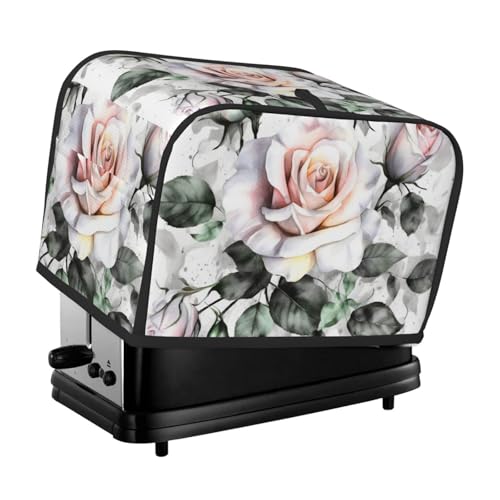 Toaster-Abdeckung für 2 Scheiben mit Taschen und Griff oben, kleine Brotbackmaschinen-Abdeckungen, weiß, Aquarell, Blumen, Rose, Küche, kleine Geräte, waschbar, universelle Ofenabdeckungen von PPTHSNVB