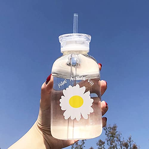 PPuujia Glasflasche mit Gänseblümchen-Motiv, Milchsaft, süße Wasserflasche aus Milchglas mit Strohhalm, Kawaii-Trinkflaschen mit Skala von PPuujia