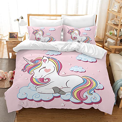 PQCXXA Kinder Einhorn Bettwäsche Mädchen-Bettwäsche Set Rosa 3D Cartoon Einhorn Bunt Blume drucken Bettbezug Set mit Reißverschluss und Kissenbezug 50x75cm (Rosa Sterne, 135x200 cm) von PQCXXA