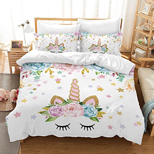 PQCXXA Kinder Einhorn Bettwäsche Mädchen-Bettwäsche Set 135x200 cm Rosa 3D Cartoon Einhorn Bunt Blume drucken Bettbezug Set mit Reißverschluss und 2 Kissenbezug 50x75cm von PQCXXA