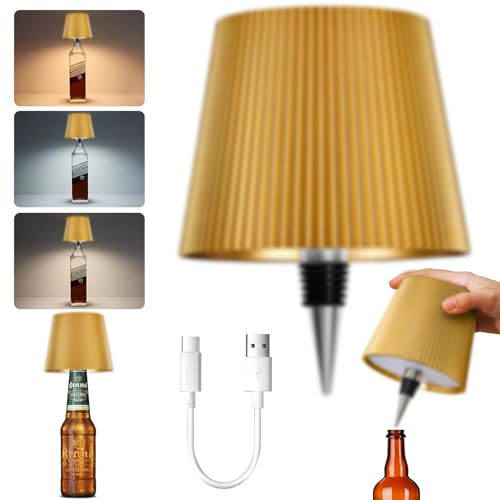 PQETBV Dimmbare Akku Flaschenlampe Warmweiß, Touch-Steuerung mit 3 Modi, 3600mAh Wasserdicht Flaschenlampe für Innen und Außen, Lampe für Flaschenhals Tragbare Metall für Restaurant&Bar(Goldene) von PQETBV