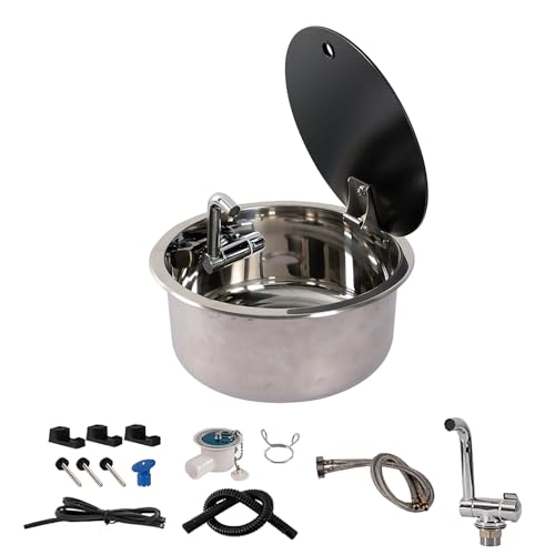 Camping Wohnmobil Reisemobil Spüle, Spüle Edelstahl, Kleine Außenküchenspüle, Komplettset mit Spüle, Abdeckung, Wasserhahn und Sieb (Color : Round) von PQXQZ