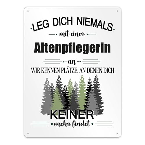 Berufe Blech-Schild - Leg dich niemals mit einer Altenpflegerin an - Lustiges Geschenk Büro, Job, Arbeit, Kollegin, Freunde, Metall-Poster - Querformat A3 von PR Print Royal